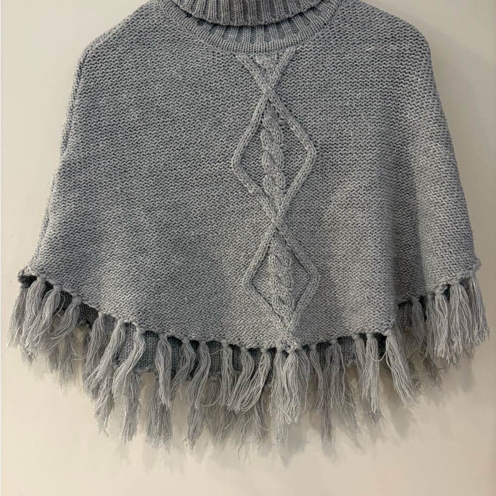 H&M Light Gray Fringe Turtleneck Poncho